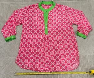 Rock Flower Paper Pink & Green Geometric Medallion Tunic Blouse Top Size M